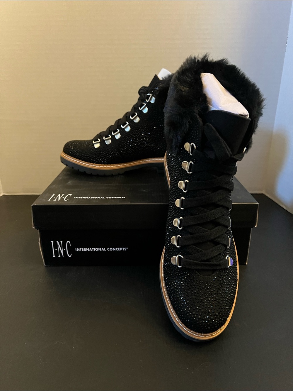 INC International Concepts Black Fur-Trim Lace-Up Sparkle Boots